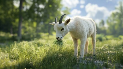 Obraz premium Goat eating grass in a field.