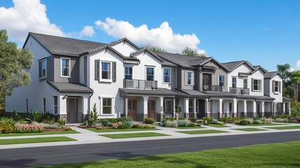 Fototapeta premium A row of modern townhouses with gray metal roofs and white walls, each house has an exterior balcony on the second floor Generative AI