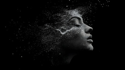 Mystical face disintegrating into particles, dissolving into an endless void AI Generated