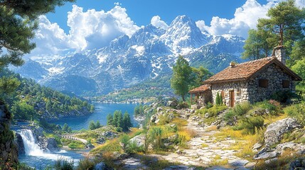 Naklejka premium Serene Mountain Lake Cottage: A Peaceful Escape