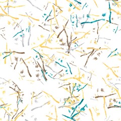 Abstract thin watercolor brush strokes. Japanese texture. Teal blue, pastel brown, light mustard and silver grey colors on the white background. Seamless hand drawn pattern