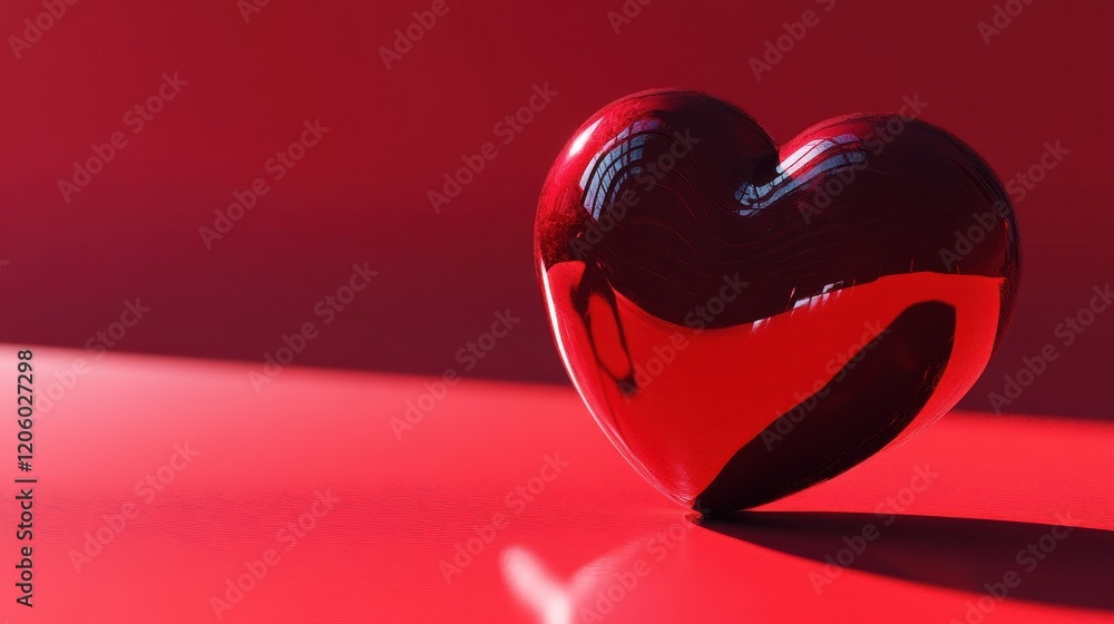 Poster a heart shaped object sitting on top of a red surface with a shadow of a person's head in the middle
