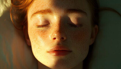 Natural beauty of a freckled young woman in sunlight, with soft shadows playing on her face AI Generated