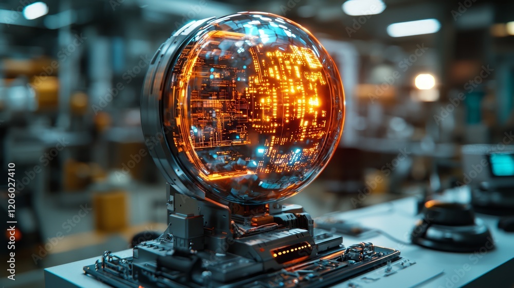 Poster futuristic sphere data processing, factory background