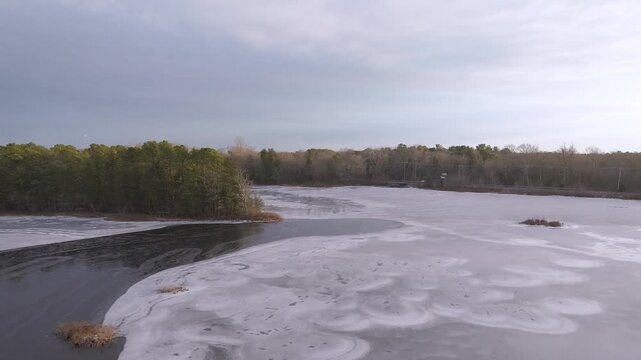 Drone aerial video over Cumberland Pond in Millville, New Jersey.