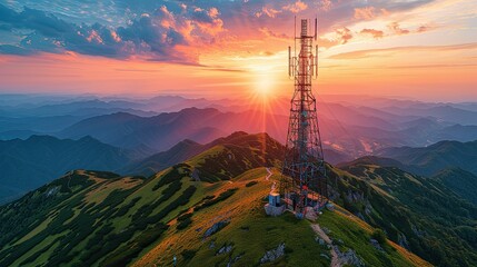 Obraz premium A communication tower stands atop a mountain during a vibrant sunset, overlooking rolling hills.