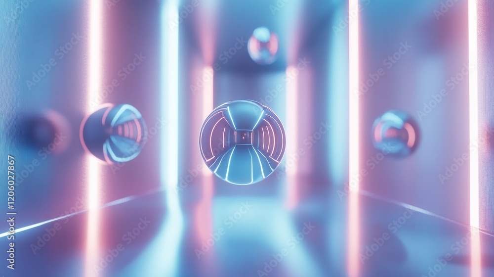 Poster floating geometric spheres in soft gradients of silver and blue creating a futuristic scene