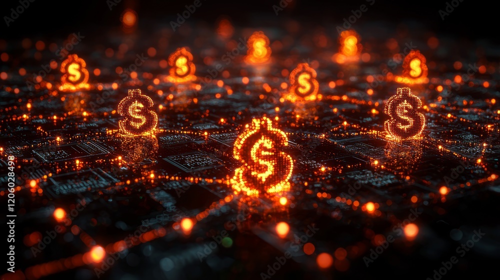 Poster global finance network; glowing dollar signs on circuit board; background bokeh