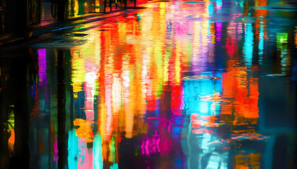 Fototapeta premium Neon-lit city street at night, reflecting vibrant multi-colored lights in puddles and water, creating a mesmerizing abstract scene AI Generated