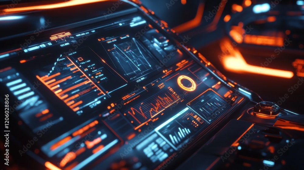 Poster futuristic car dashboard with graphs and bars for measurement and tuning of self-driving vehicle.