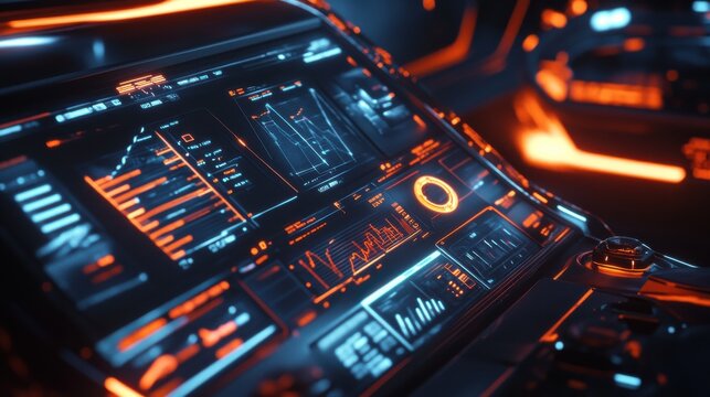 Futuristic car dashboard with graphs and bars for measurement and tuning of self-driving vehicle.