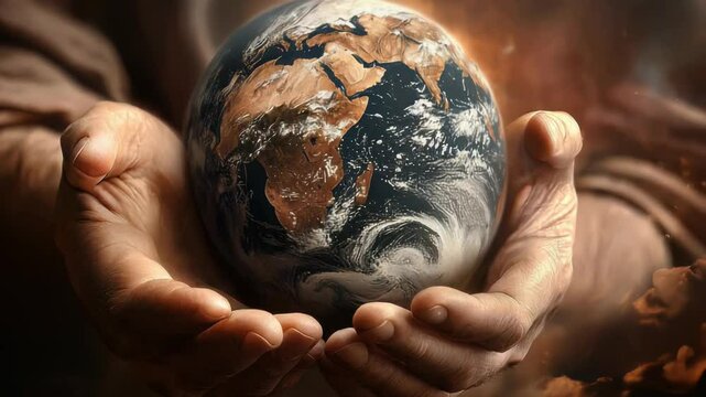 Almighty touch: God encompasses the Earth, highlighting the divine force shaping the world, representing creation, God's omnipotence, and the sacred presence pervading all corners of existence.
