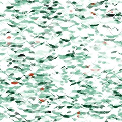 Abstract wavy pattern with chaotic brush strokes. Bottle green, pale teal, green white and rusty red colors. Seamless hand drawn pattern.