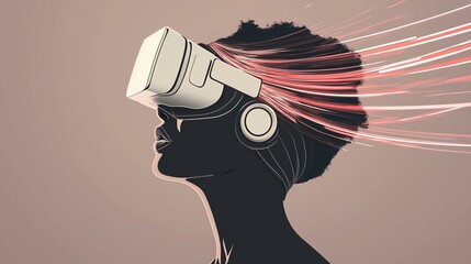 A silhouette of a person wearing a VR headset, with vibrant lines emanating from the device, symbolizing immersive virtual experiences.
