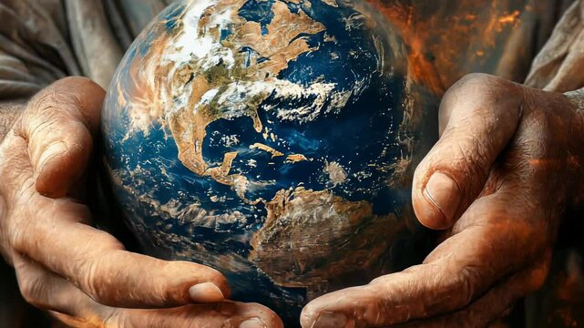 Sacred embrace: God cradles Earth, symbolizing divine authority and presence, illustrating the Creator's hand in shaping the world and guiding all life with love, care, and eternal influence.