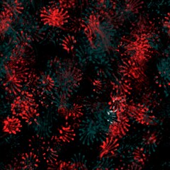 Abstract blurred spots, lines and splashes on the dark background. Fireworks imitation. Ruby red and aqua deep colors. Seamless hand drawn pattern.