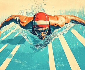A swimmer in motion, performing freestyle, creates splashes in a vibrant pool, showcasing strength and determination.