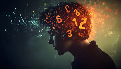 Numbers emerging from a person's head, symbolizing mathematical thought and intelligence AI Generated