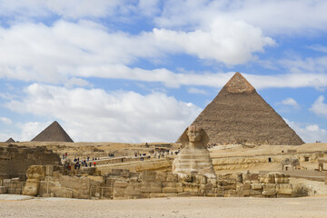 Sphinx and Giza Pyramids in Cairo, Egypt