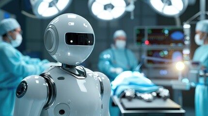 Fototapeta premium a modern robot performs surgery in the operating room together with a team of doctors, teamwork between humans and AI, medical technologies of the future, interaction