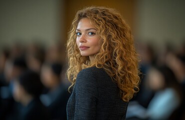 Woman with curly hair looking over shoulder.