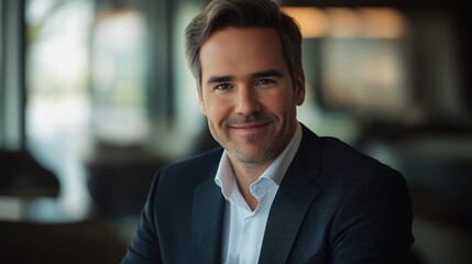 Obraz premium Business professional smiling confidently in a modern office setting during the day