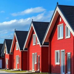 Row of red for sale houses symbolizing property market.