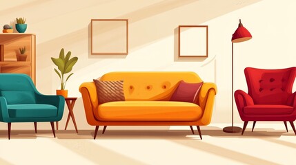 A cozy living room featuring colorful furniture and warm lighting.