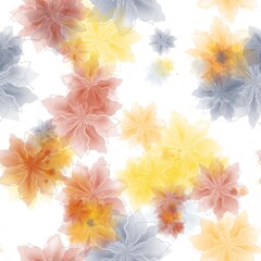 Sweet corn yellow, dusty red and cool grey transparent flowers on the white background. Seamless pattern for wrapping, textile, print