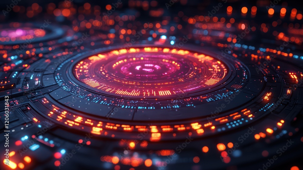 Poster futuristic tech interface: glowing circular control panel