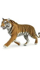 A striking tiger moving confidently, its majestic form and piercing eyes standing out against a crisp white background