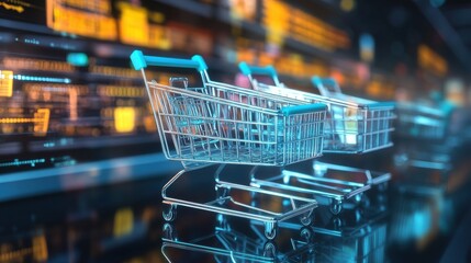 Planning maximize sales Concept. Animatedstyle shopping carts merging with upward graphs, ecommerce sales visualization