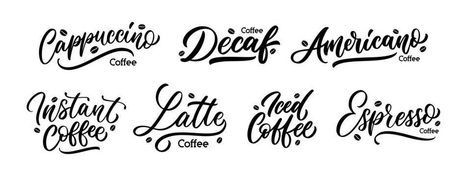 Set of coffee names lettering design isolated on white background. Cappuccino, decaf, americano, instant, latte, iced, espresso.