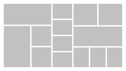 Empty photo frame collage of fourteen parts. Poster frame mockup. Vector template photo collage.
