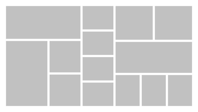 Empty photo frame collage of fourteen parts. Poster frame mockup. Vector template photo collage.