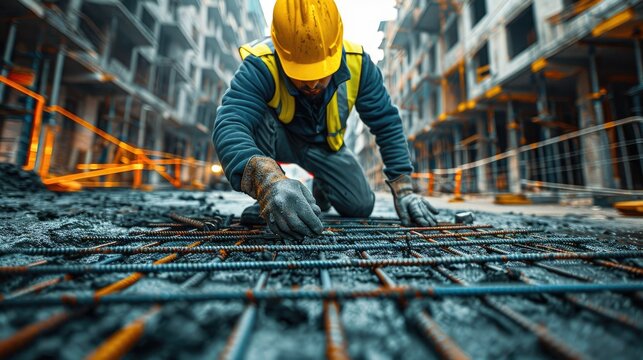 A construction worker kneels on a site, preparing rebar in wet concrete for a building project.