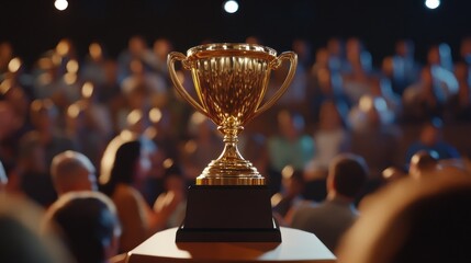 A golden trophy symbolizes success as a team member is honored with applause, embodying the spirit of employee appreciation and achievement.