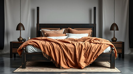 Luxurious Modern Bedroom Interior Design: Elegant Dark Wood Bed with Orange Bedding and Stylish Lamps