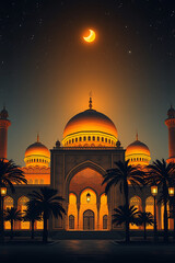 Ramadan greeting poster Mosque Tower and Palm  lantern lamp New 2025 Eid Mubarak background design, sunset sky 2025 Ramadan Kareem