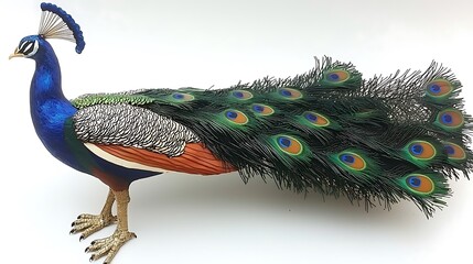 A vibrant peacock spreading its colorful feathers in full display, its intricate details illuminated by the white background