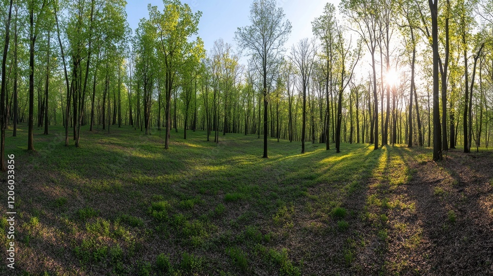 Poster a vibrant spring forest scene features dense green canopies as sunlight filters through leaves, cast
