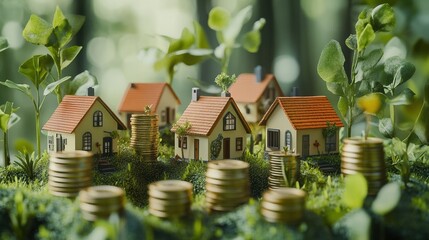 Creative representation of housing investment with toy houses on stacks of coins surrounded by greenery. Generative AI
