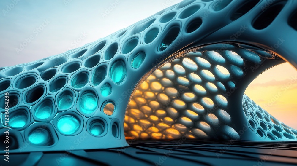 Aufkleber futuristic honeycomb structure with turquoise glow and yellow light at sunset creating a captivating