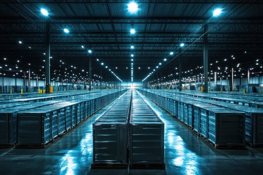A vast, coldly lit warehouse filled with rows of metal containers, arranged methodically under fluorescent lights, creating a stark industrial environment.