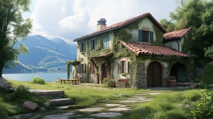 Obraz premium Scenic rustic house by the lake surrounded by mountains and greenery on a sunny day