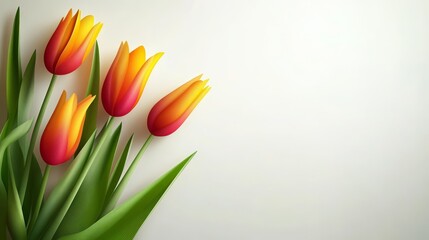A vibrant arrangement of orange and red tulips on a light background.