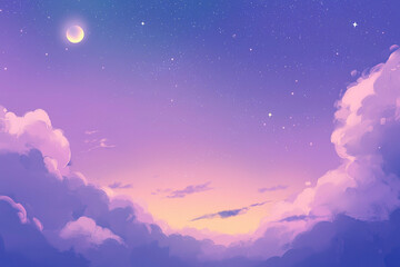Dreamy twilight sky with soft clouds, crescent moon, and twinkling stars, creating a serene and magical evening atmosphere.