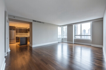 Obraz premium Spacious empty apartment with wooden floors, large windows, and modern kitchen. Bright natural light and city skyline view.