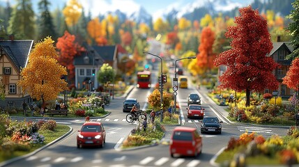 Miniature autumn town street with traffic, pedestrians, and mountain backdrop
