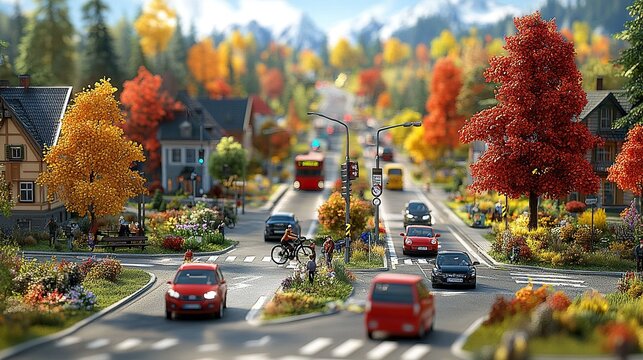 Miniature autumn town street with traffic, pedestrians, and mountain backdrop